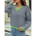 thumbnail image 2 of Women'S Long Sleeve Striped Sweater V Neck Color Block Soft Knit Pullover Trendy Jumper Tops Blue & White XL, 2 of 6