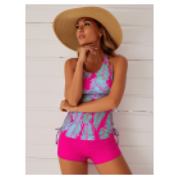 Women's Tankini Swimsuit Rose Red Tropical Leaf Print Two Piece Swimwear Tie Waist Slim Fit Bathing Suit for Beach Vacation Summer