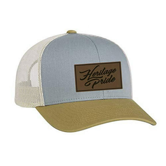 Heritage Pride Script Leather Patch Trucker Snapback Hat-Heather Gray/Amber Gold-Beige Mesh