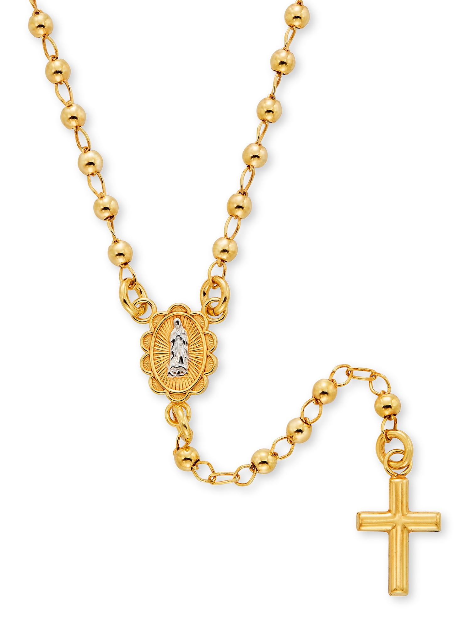 Real Solid 14K Tri Tone Gold Rosary Red Beads Virgin Mary Cross Necklace 18'' 