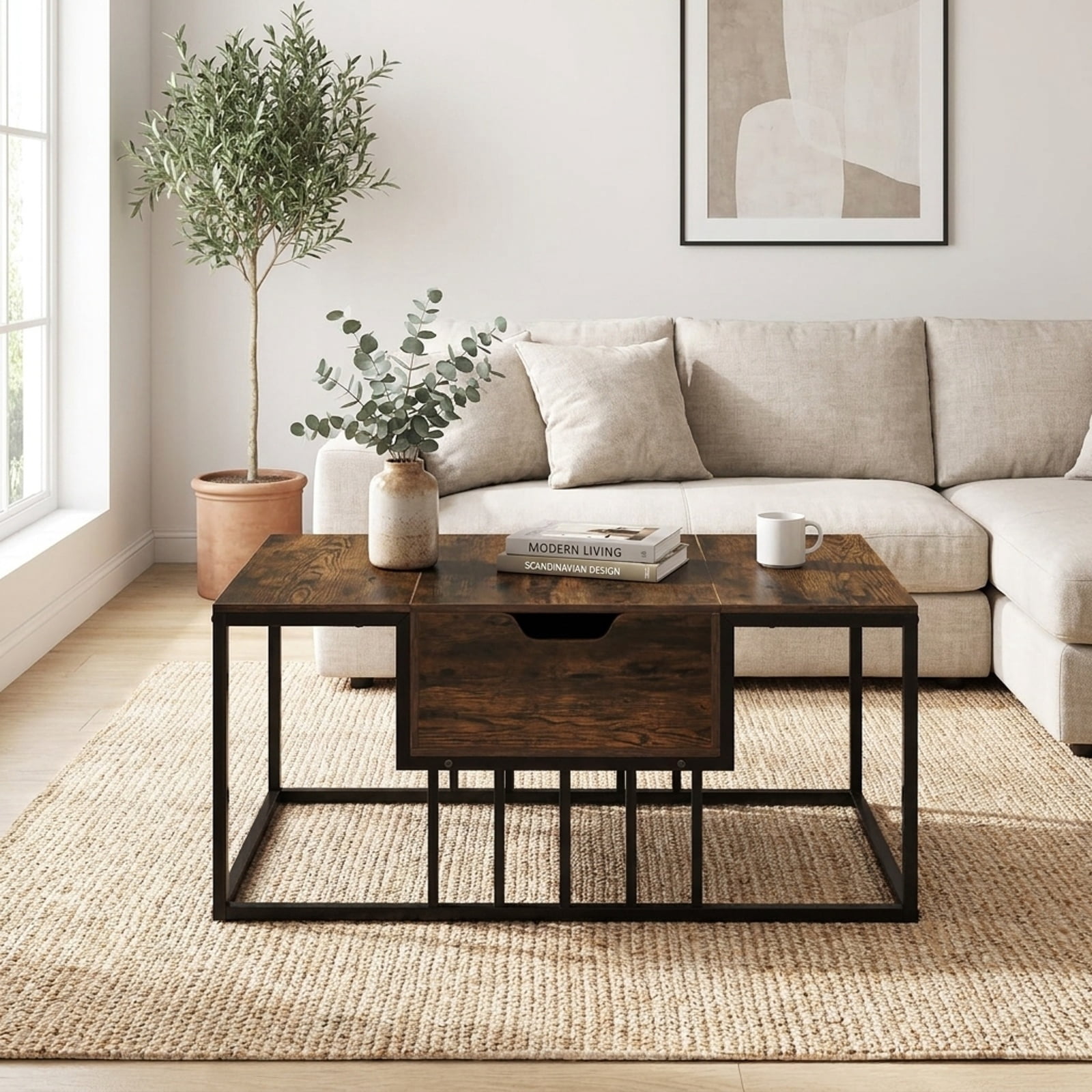 Furnibear Modern Lift Top Coffee Table with Hidden Storage Compartment Gas Struts and Powder-Coated Metal Tubes for Living Room, Rustic Brown