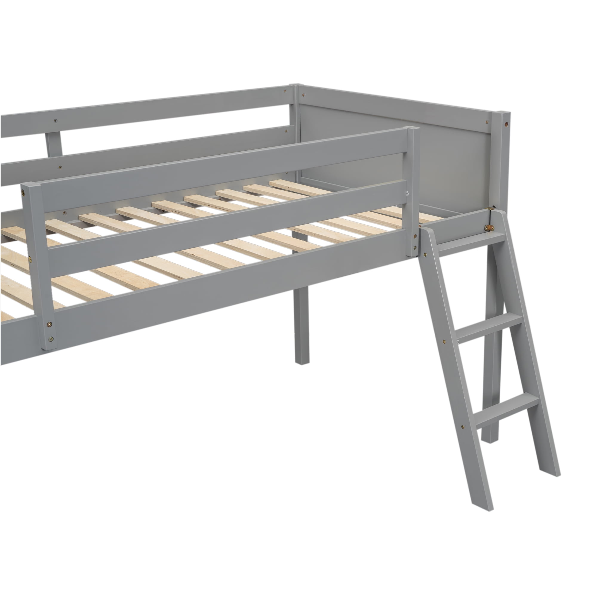 Euroco Wood Loft Bed with Ladder, Twin Size Low Loft Bed for Kids Teens, Gray
