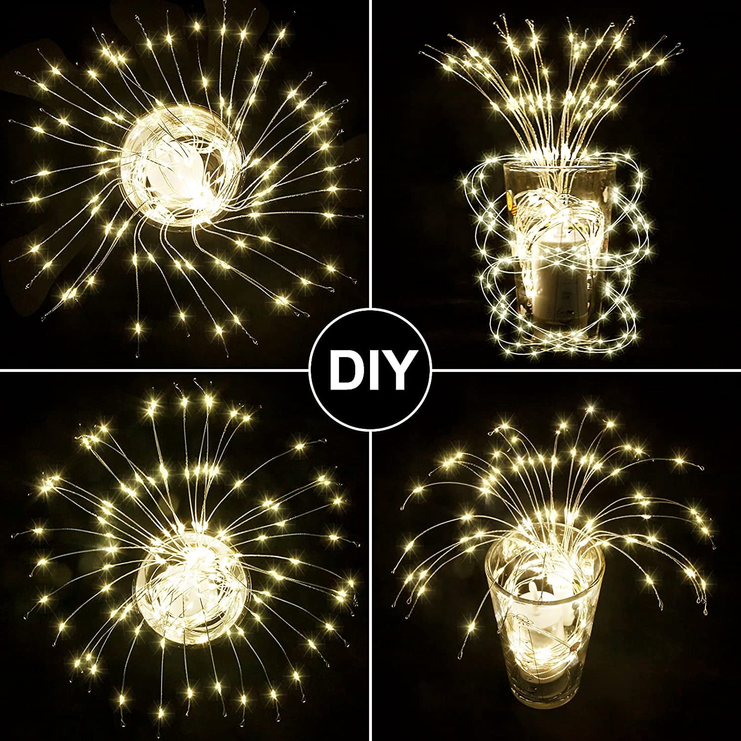 Starburst Lights, Hanging Battery Operated Chandelier with Remote, 200 LED Warm White Firework String Lights