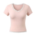 thumbnail image 4 of Fgnfyis Womens Tops Lace V Neck Short Sleeve T Shirt Summer Shaping Fit Cropped Casual Top with Elegant Neckline T Shirts for Women Pink M, 4 of 4