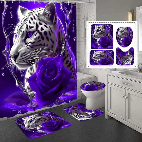 4PCS Purple Rose and Leopard Shower Curtain Bathroom Set with Non-Slip Rugs, Toilet Lid Cover and Bath Mat, Purple Bathroom Decor Set Accessories Shower Curtains with 12 Hooks, 72 x 72 Inch