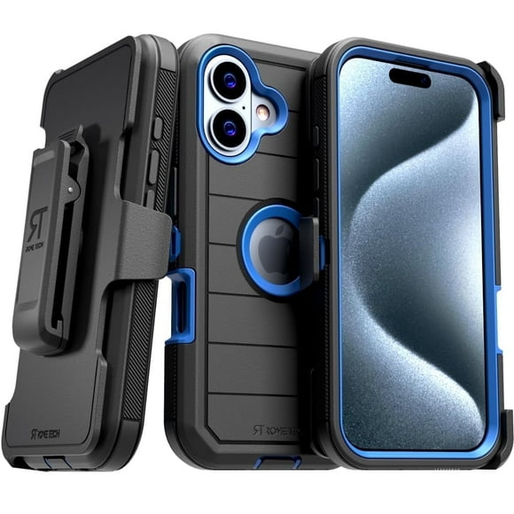 Rome Tech Funda para iPhone 16 con Clip para Cinturón y Soporte, Protección de Doble Capa sin Pantalla, a Prueba de Golpes, Color Negro y Azul