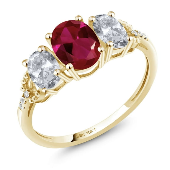 Gem Stone King 10K Yellow Gold 3-Stone Diamond Engagement Ring 2.22 Ct Oval Red Created Ruby White Topaz (Size 8)