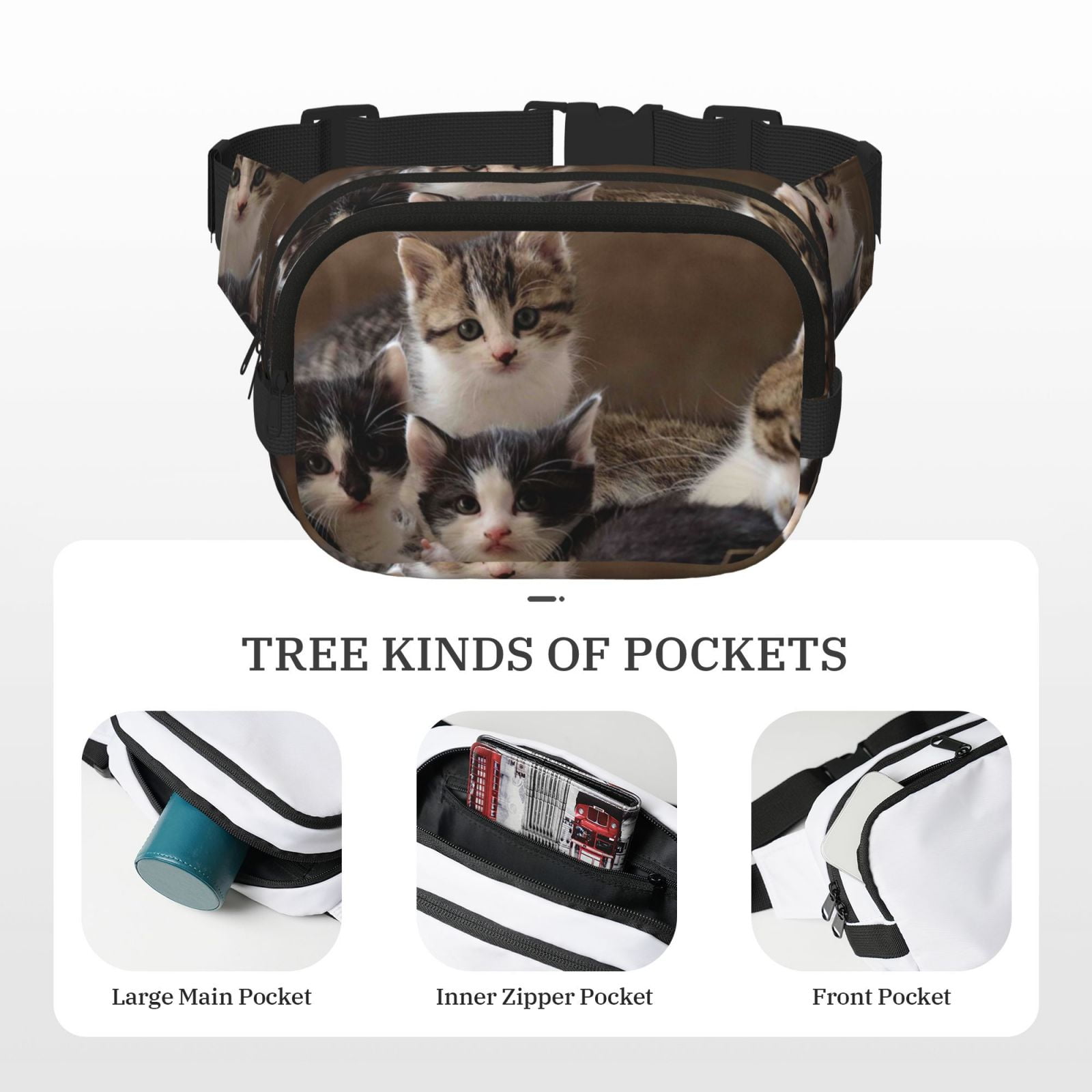 Picia Cat Family Print Square Double-Layer Waist Bag Mini Adjustable Waist Belt Bag Exercise Running Travel Hiking