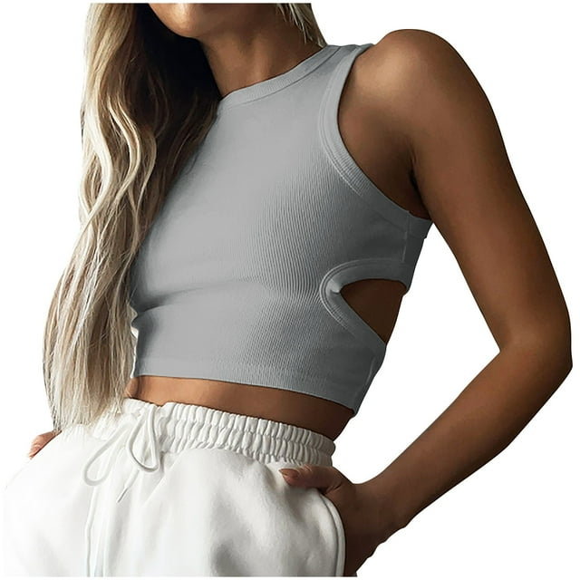 Yuyuzo Crop Tank Tops for Women Crew Neck Ribbed Knit Solid Color Slim Fitted Athletic Going Put Tops