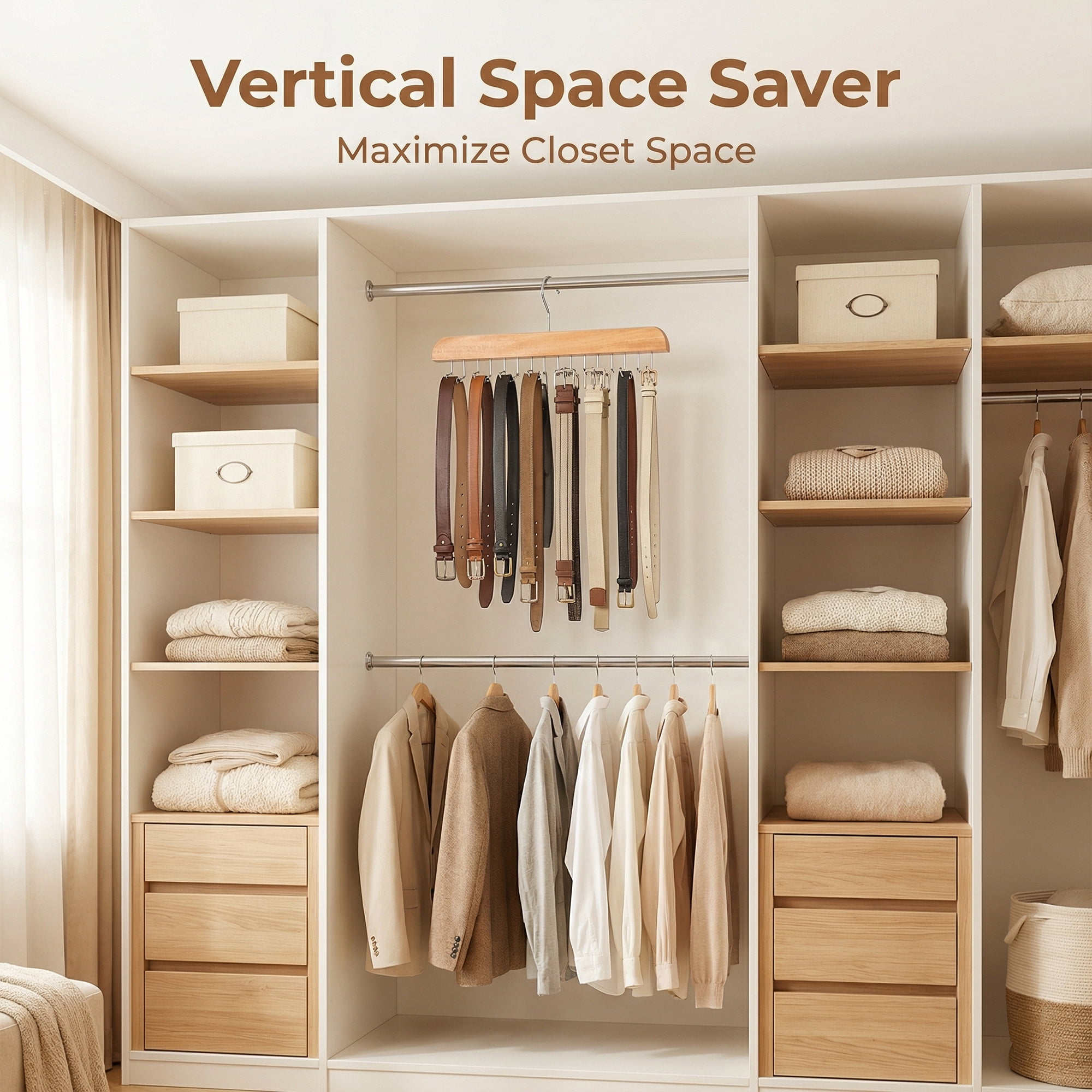 Unique Bargains 2Pcs Wood Tank Top Hangers For Closet Organizer Natural 16 Hooks
