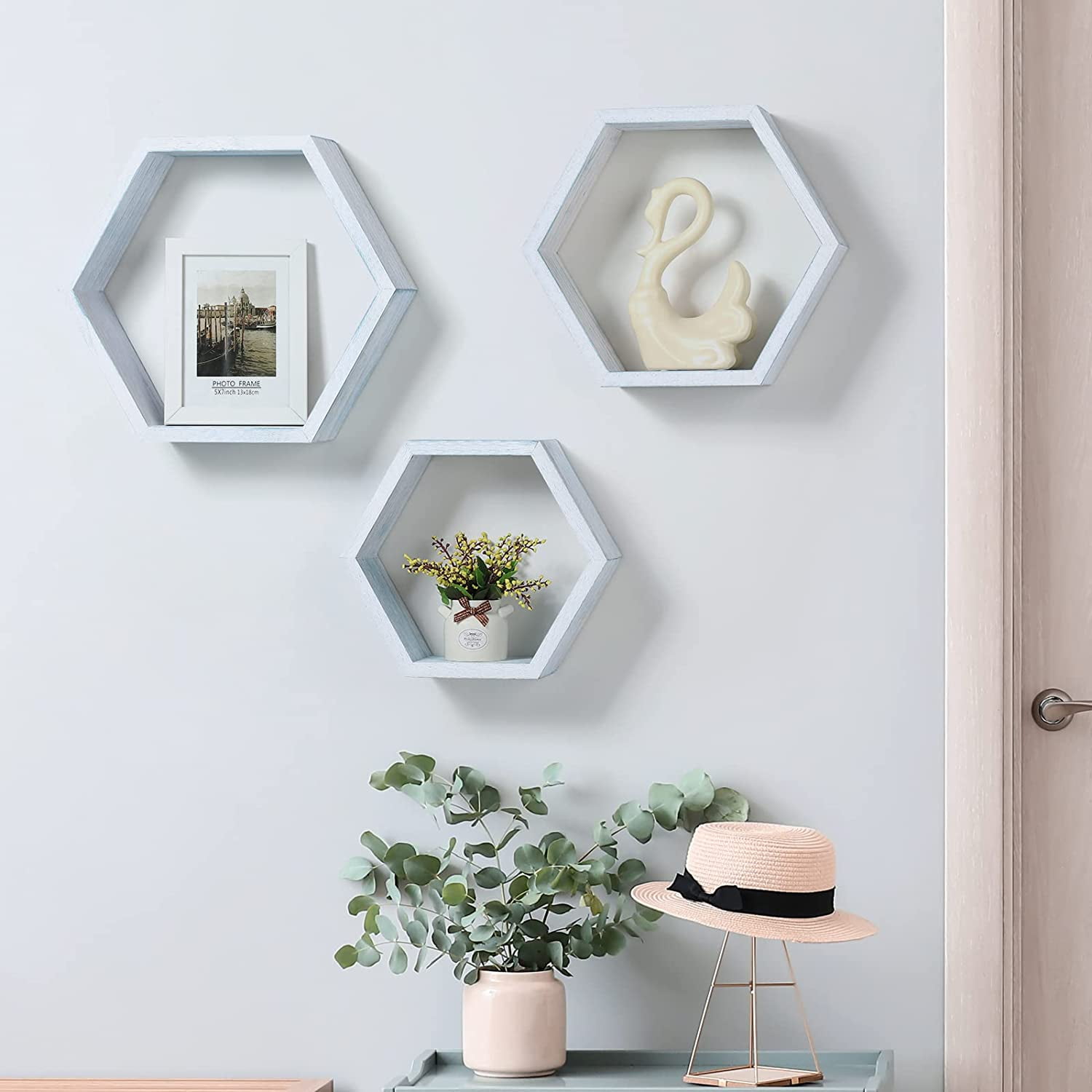 Oumilen 15.7” x 3.9” Blue White Hexagon Floating Shelves, Set of 6