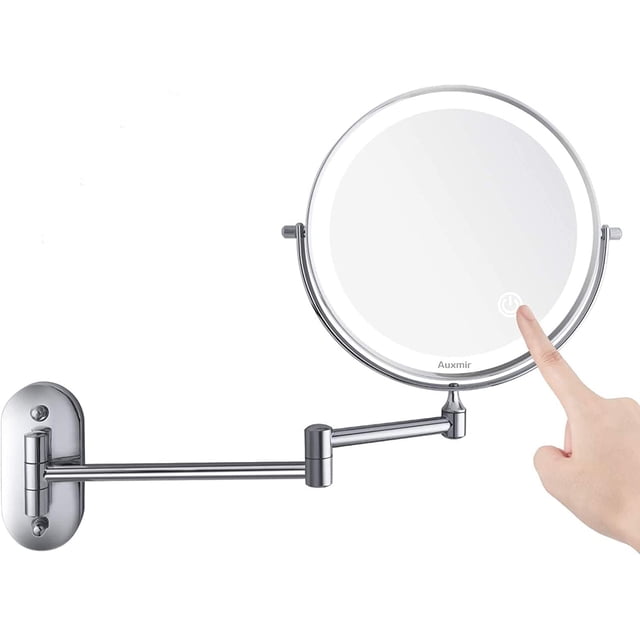 Espejo de maquillaje de pared, espejo de aumento iluminado de pared, espejo de pared de doble cara 1X/10X, espejo cosmético con extensión giratoria de 360°, batería de litio incorporada