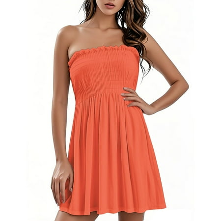 OAMDNDEA Beach Dresses for Women Solid Color Strapless Boho Dress Summer Sleeveless Beach Coverups Plus Size Cute Off the Shoulder Dresses Beach Vacation Clothes Saffron 2XL
