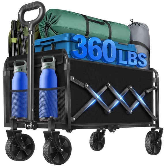 Kovryx Collapsible Wagon Cart Foldable, Heavy Duty Folding Wagon with All-Terrain Wheels, Portable Beach Camping Shopping Garden Cart, 360LBS, Black