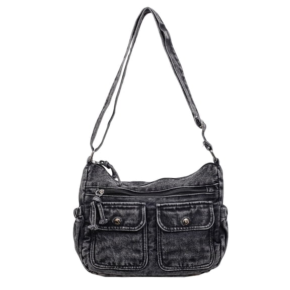 Y2K Washed Denim Shoulder Purse, Women Multi‑Pocket Textured Cross‑body Bag Adjustable Strap Casual Fabric Shoulder Bag