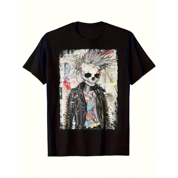 Men's Edgy Punk Rock Skeleton Graphic T-Shirt