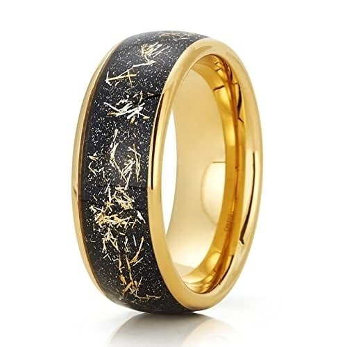 Meteorite Tungsten Wedding Ring,Yellow Gold Tungsten Ring,8mm Wedding Ring,Anniversary Ring,Tungsten Carbide