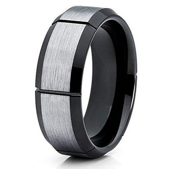 Silly Kings Jewelry 8mm Tungsten Carbide Ring Brush Silver Beveled Edges Black Grooves Wedding Band (6) (7)
