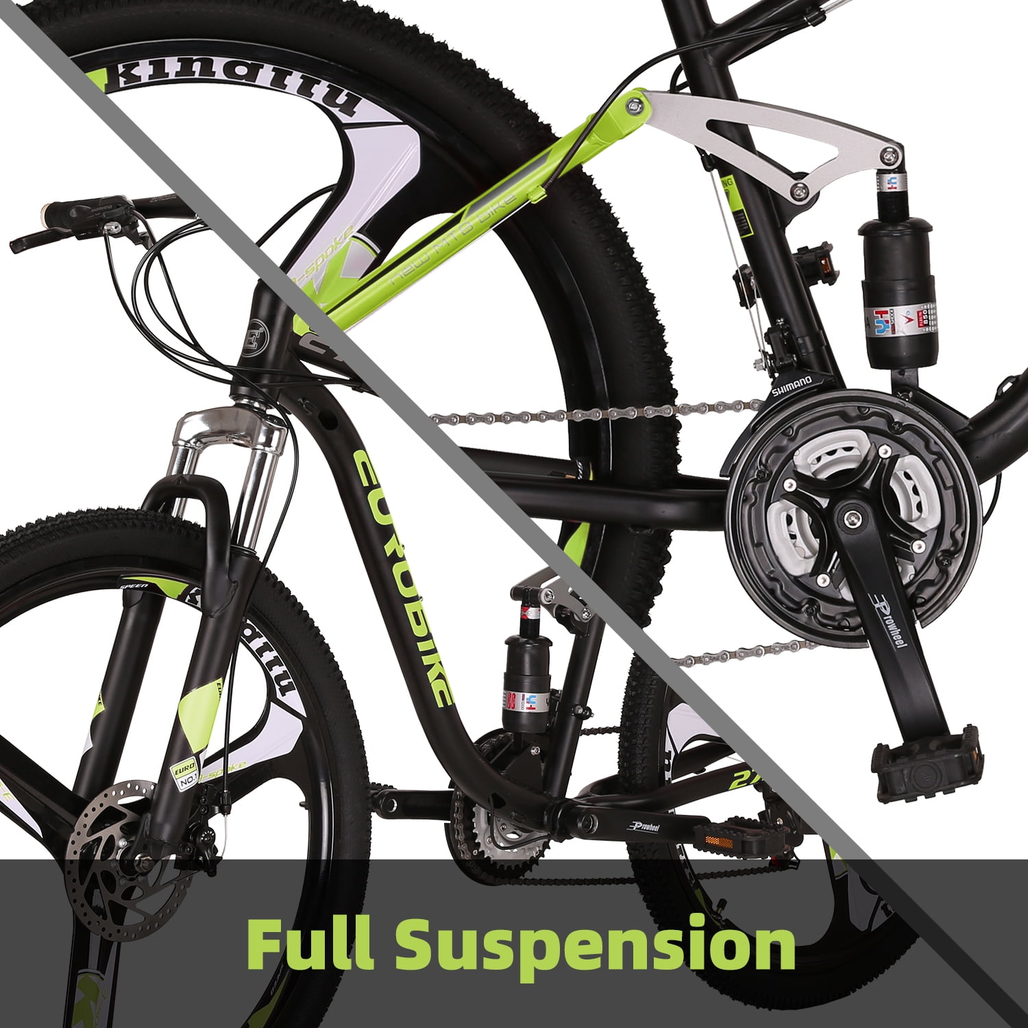 Eurobike E7 21 Speed Mountain Bike Full Suspension Frame 27.5 Inch 3 Spoke Mag Wheels Dual Disc Brakes Bikes for Men Orange Green
