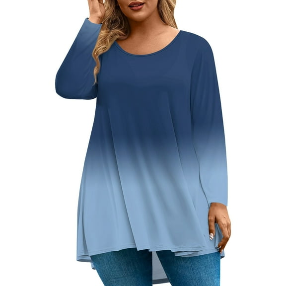 Abcomgle Plus Size Tops for Women 4x-5x Summer Crew Neck Tunic Shirts Gradient Graphic Tees Long Sleeve Shirts Curved Hem Casual Outfits for Women,4XL