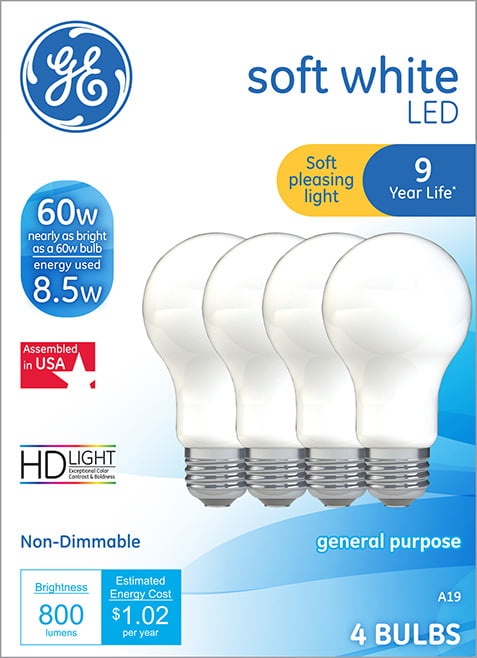 Non-Dimmable Soft White 2700K GE Classic LED 8 Pack 60W/8W A19 Save 2+ 