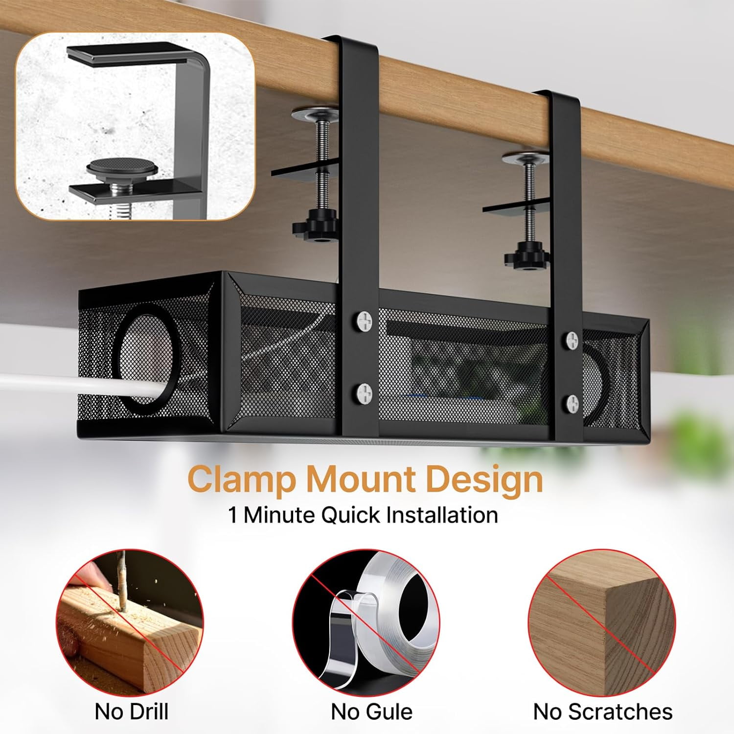 Under Desk Cable Management Tray,Cable Management Under Desk No Drill,Cable Tray with Clamp for Desk Wire Management,Desk Cable Management Box for Office,Home