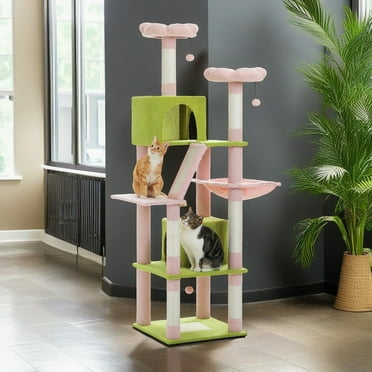 Demi Bonn 70" Large Cat Tree for Indoor Cats, Multi-Level Cat Tower Cat Scratching Post with 2 Perches, 2 Condos, Hammock and 2 Pompoms, Pink