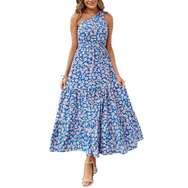Vestido Maxi Floral Azul PRETTYGARDEN para Mujer con Nudo y Hombro Descubierto Talla M
