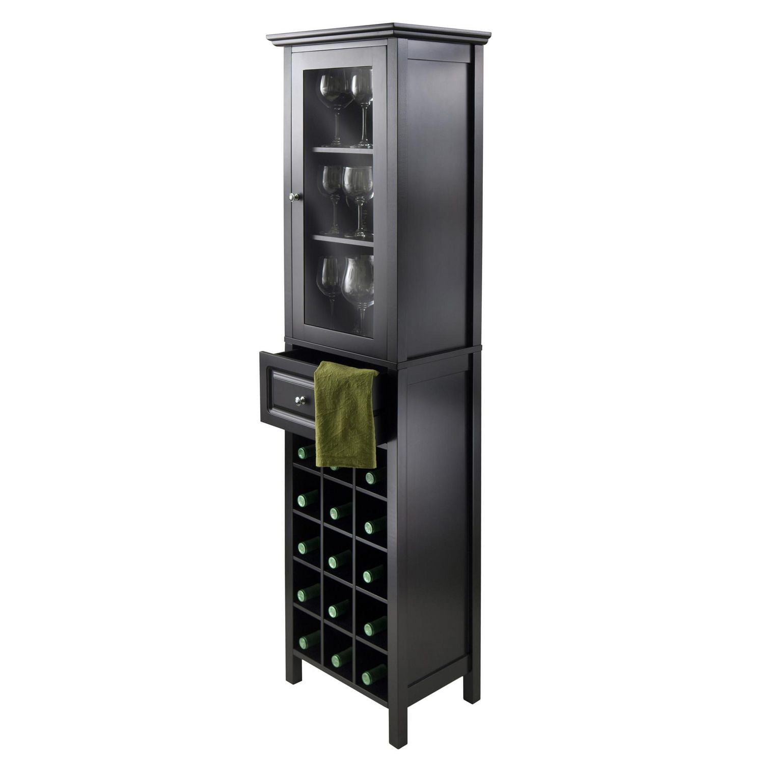 Winsome Burgundy Wine Cabinet 15-Bottle, Glass Door, Black Finish
