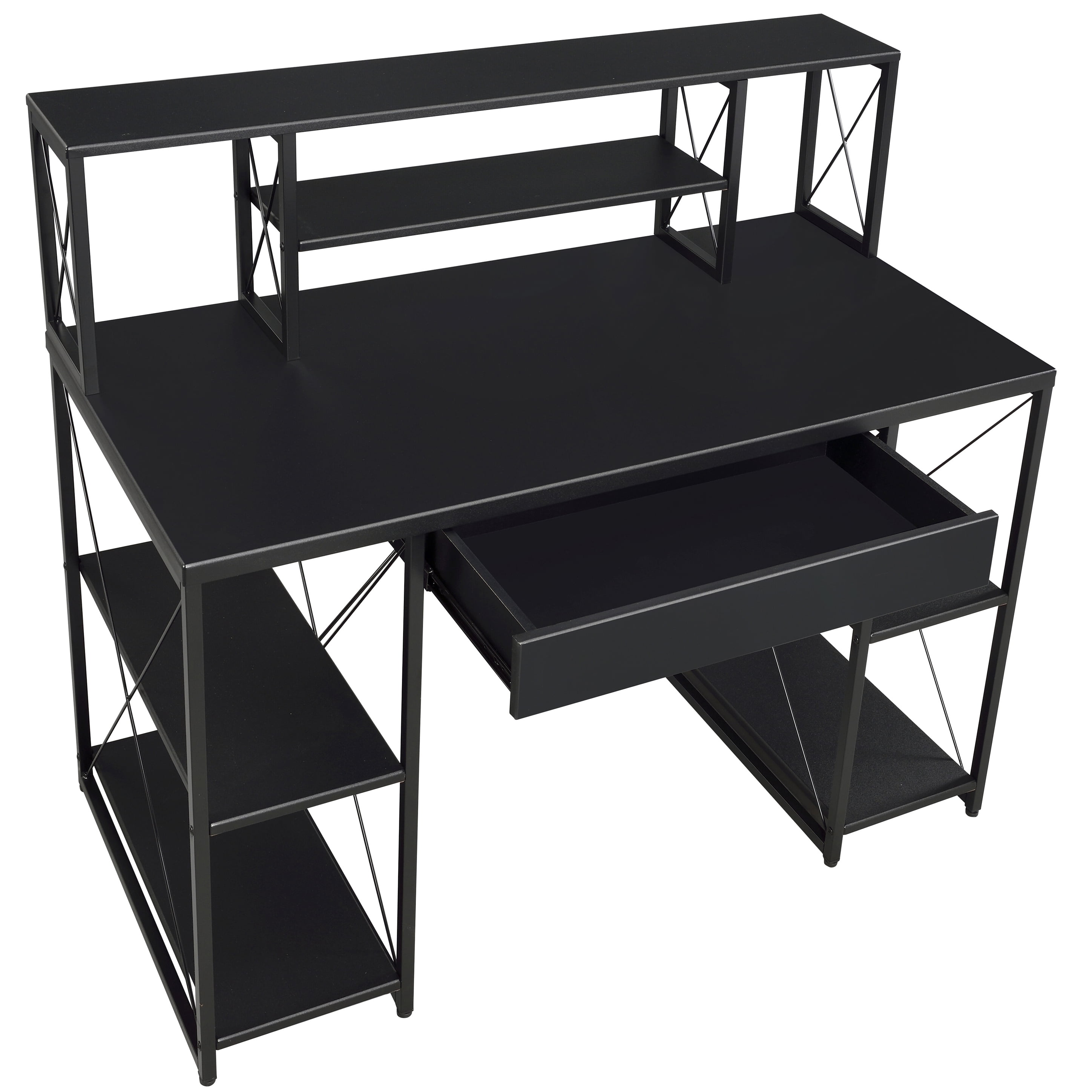 Astoutdoor Black Office Desk with Open Shelves and Hutch