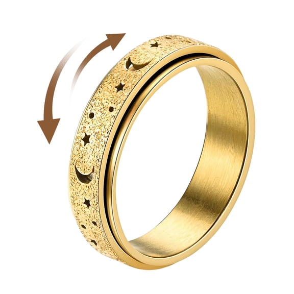 BESTSKY Fidget Spinner Ring For Men And Women,Quiet Spin Anxiety Relief Fidget Rings Stainless Steel Rings With Moon Star Pattern,Stylish Fidget Ring Women,Gold,Size 6