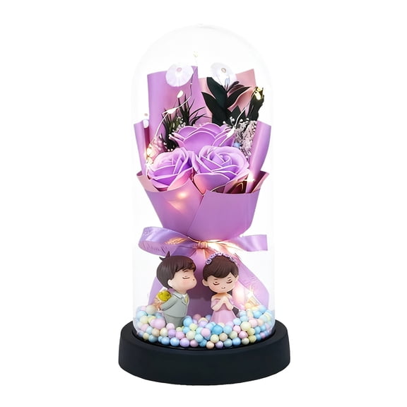 Mini Everlasting Rose & Soap Flower Bouquet with Glass Dome – Dried Flower Gift Box with LED Lights | Romantic Birthday or Valentine’s Gift for Her