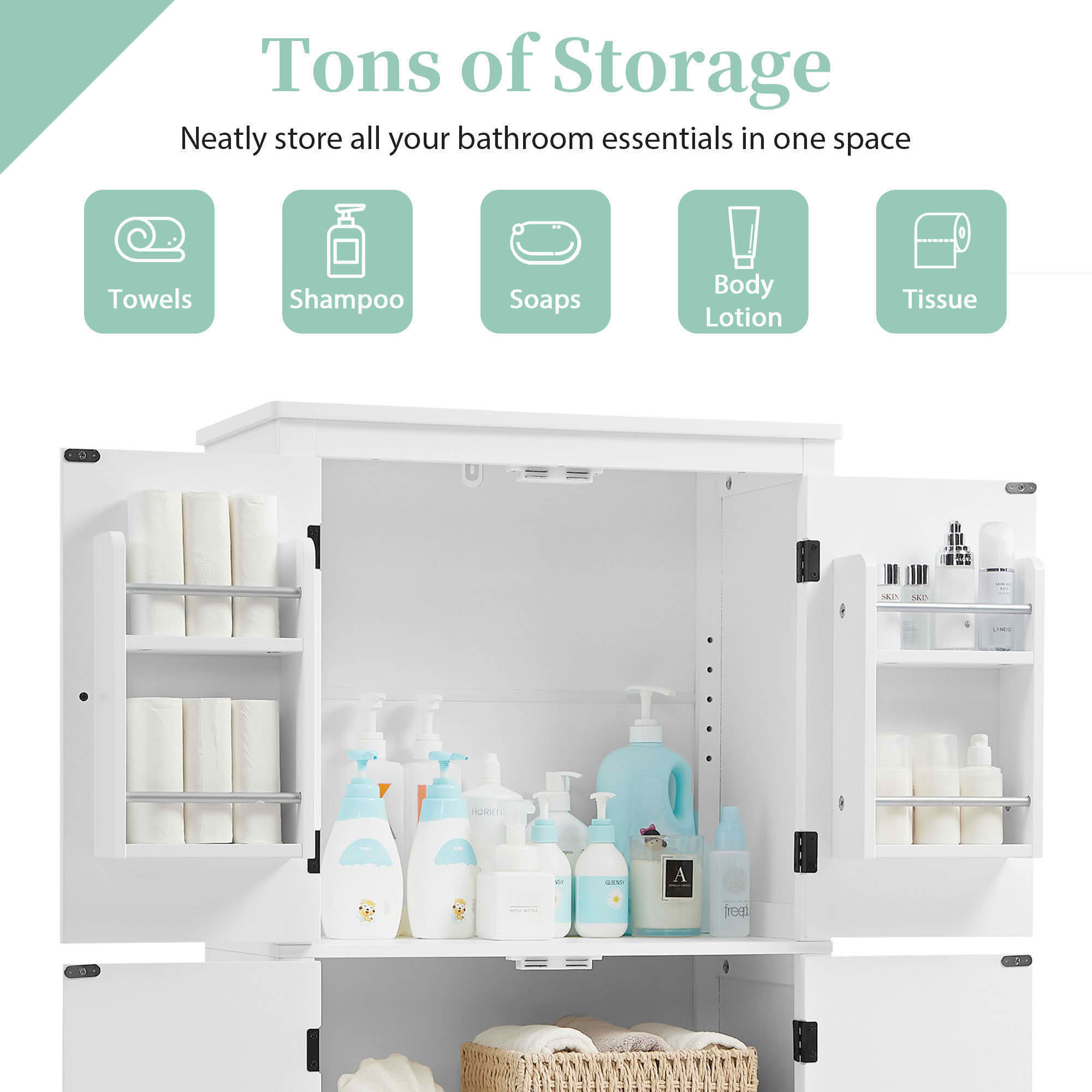 MAYEERTY Elegant Bathroom Cabinet Freestanding 4 Doors Adjustable Shelves White
