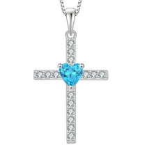 VESITIM Cross Necklace 925 Sterling Silver Religious Pendant for Women Heart Shaped Created Aquamarine March Birthstone Jewelry Gifts