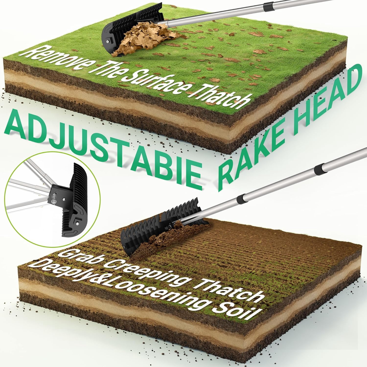 JouZYA Lawn Thatch Rake, 15-Inch Steel Dethatcher, Adjustable 0-15° Angle & 38-68" Length, Heavy-Duty Yard Tool for Dead Grass Removal & Lawn Care