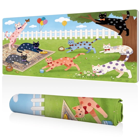 LIVEKEY Extra Large Mouse Pad 80x40x0.3cm Playful Cats in Garden Design Full Desk Coverage Non Slip Durable Easy Clean Stitched Edges for Gaming and Office