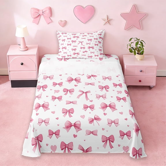 Erosebridal Cute Pink Bowknot Kids Twin Sheet Sets,Cute Princess Bowknot Bedding For Girls 3pcs
