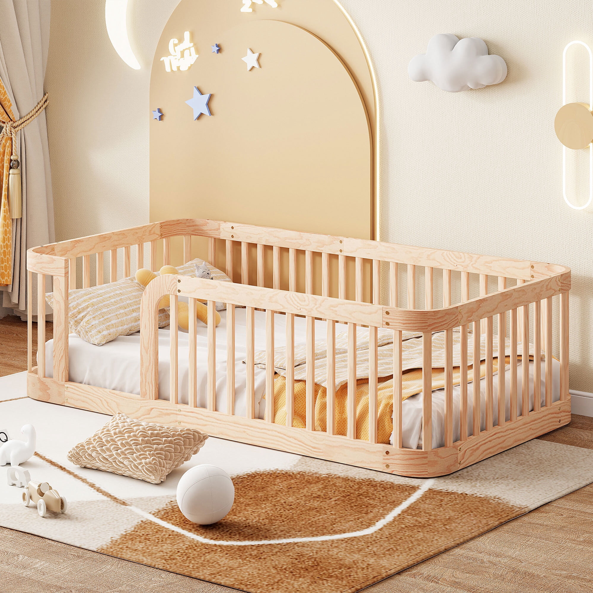 Euroco Twin Size Floor Bed with Fence for Kids and Toddlers, Natural