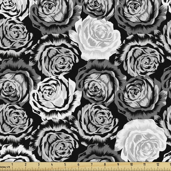 Floral Fabric by the Yard, Bunch of Rose Bouquets in Monochrome Tones Romantic Branches Revival, Upholstery Fabric for Dining Chairs Home Decor Accents, Pale Grey Charcoal Grey by Ambesonne