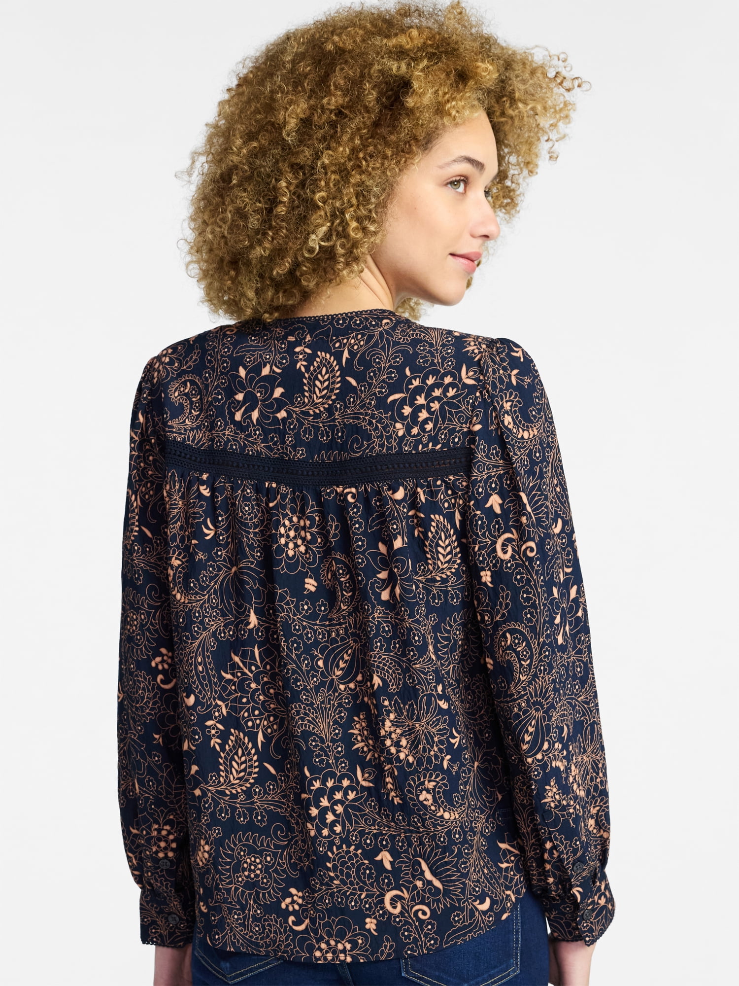 Time and Tru Women's Lace Yoke Shirt with Long Sleeves Sizes XS-XXXL