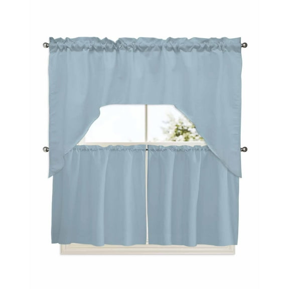 Sky Blue Kitchen Curtains Swag Valance and Tier Curtains Set 24 Inch Length, Modern Pure Winter Sky Blue Rod Pocket Drape Panels Pair Swag Curtains for Bathroom/Cafe/Window