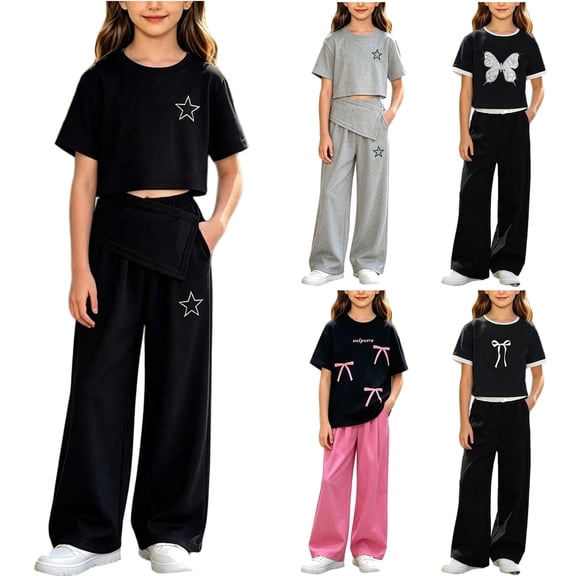 oelaio Girl's Cute 2 Piece Outfits Graphic Crop T Shirt and Wide Leg Pants Y2K Clothing Set Summer Casual Streetwear D-Black 11 Years