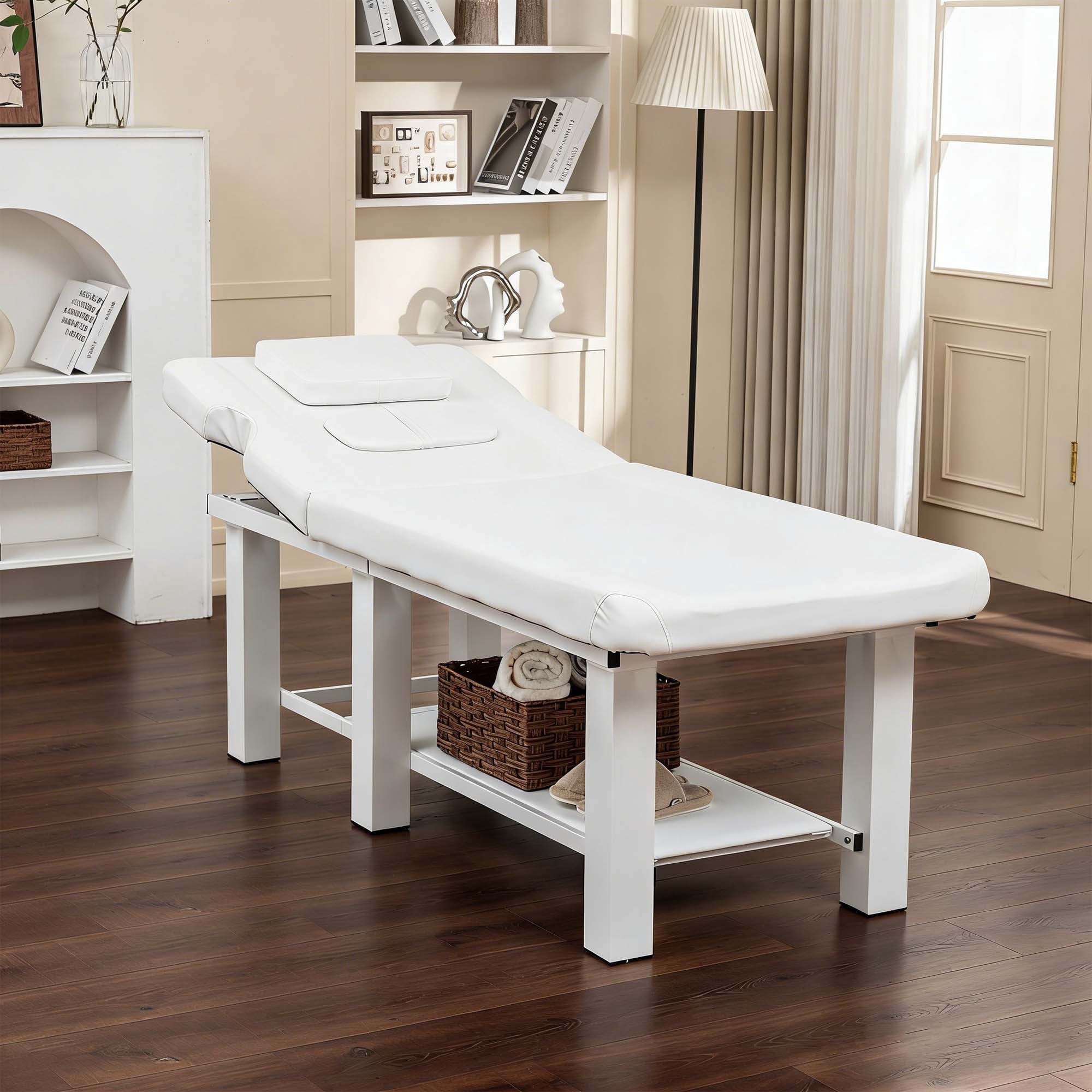 Miniyam 72.7" x 27.5" x 24.0" Massage Table – Adjustable Backrest 0-15°, Detachable Headrest, Bottom Storage, Waterproof Cushion, Steel Frame, 330 lbs – White for Spa Salon Tattoo Medical
