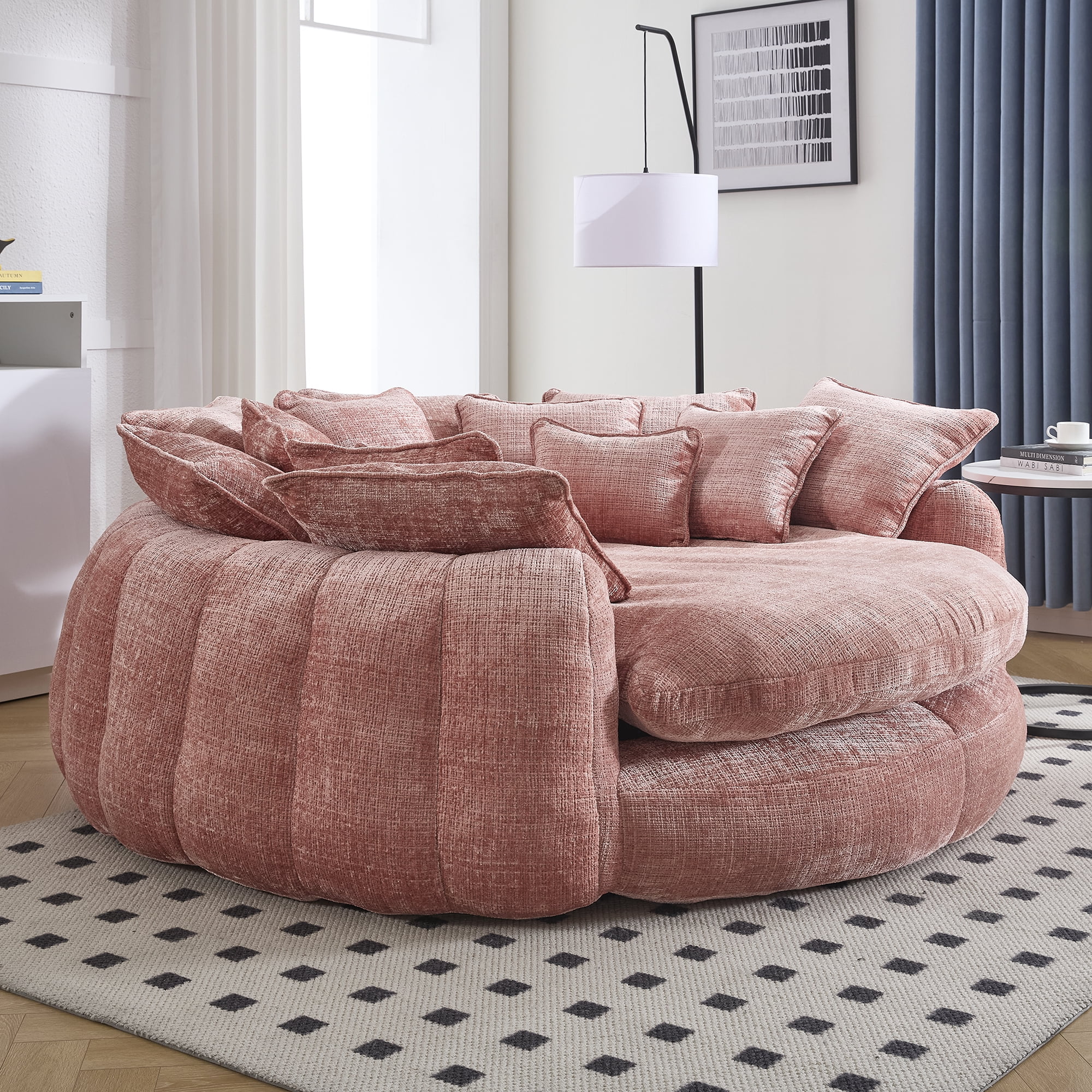 LITVZ Oversized Round Chaise Lounge, 81.1in Extra Wide Barrel Chair for 2 People, Upholstered Cloud Chenille Round Sofa with 14 Pillows, Comfy Fluffy Sleeper Lounge Chair for Living Room
