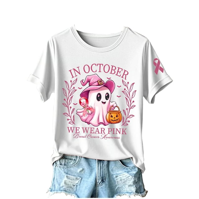 T-Shirt Graphique pour Femmes, T-Shirt de Sensibilisation au Cancer du Sein avec Imprimé Vintage, Haut à Manches Courtes et Col Rond Confortable pour Femmes, Mélange Polyester Spandex pour Usage Quotidien