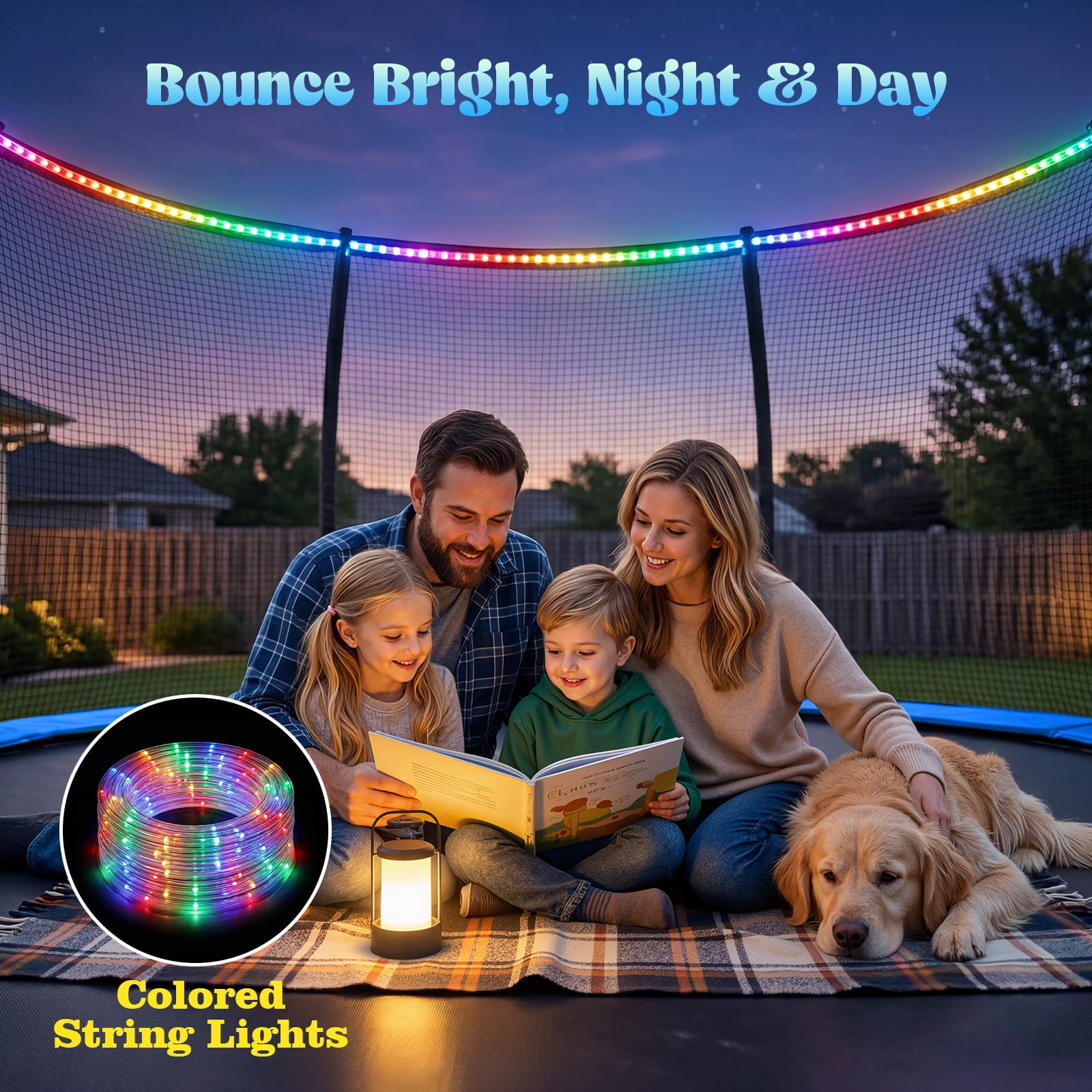 Outdoor Trampoline,Fashionsport Outfitters 8FT Round Jumping Trampoline with Ladder,String light,Sprinkler,Basketball Hoop Board,Recreational Backyard Trampolines Anti-Rust for Kids Gift