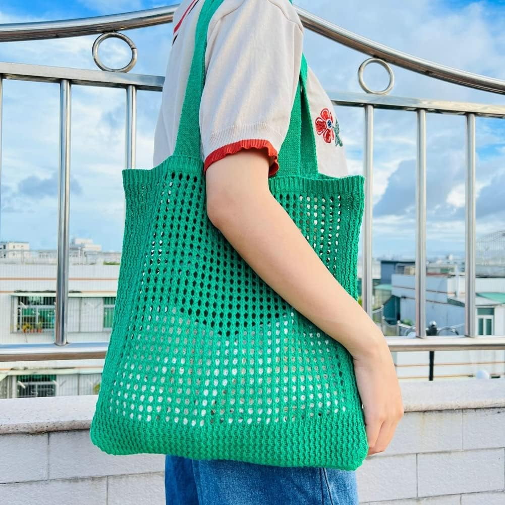 Kukuzhu Crochet Mesh Tote Bag for Women Stylish Aesthetic Tote Bag Casual Shoulder Bag Hobo Bag