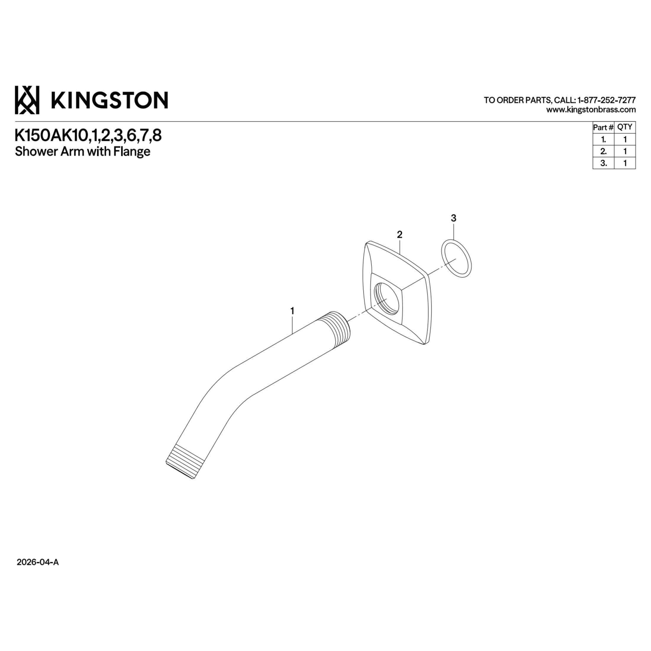 Kingston K150AK16 Gehry Shower Arm with Square Flange, Polished Nickel