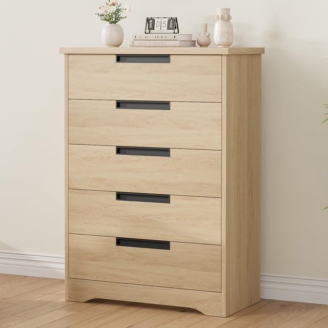 Kojooin Commode en Bois à 5 Tiroirs, Finition Naturelle, Commode Moderne avec Poignées Intégrées pour Chambre, Nursery, Entrée