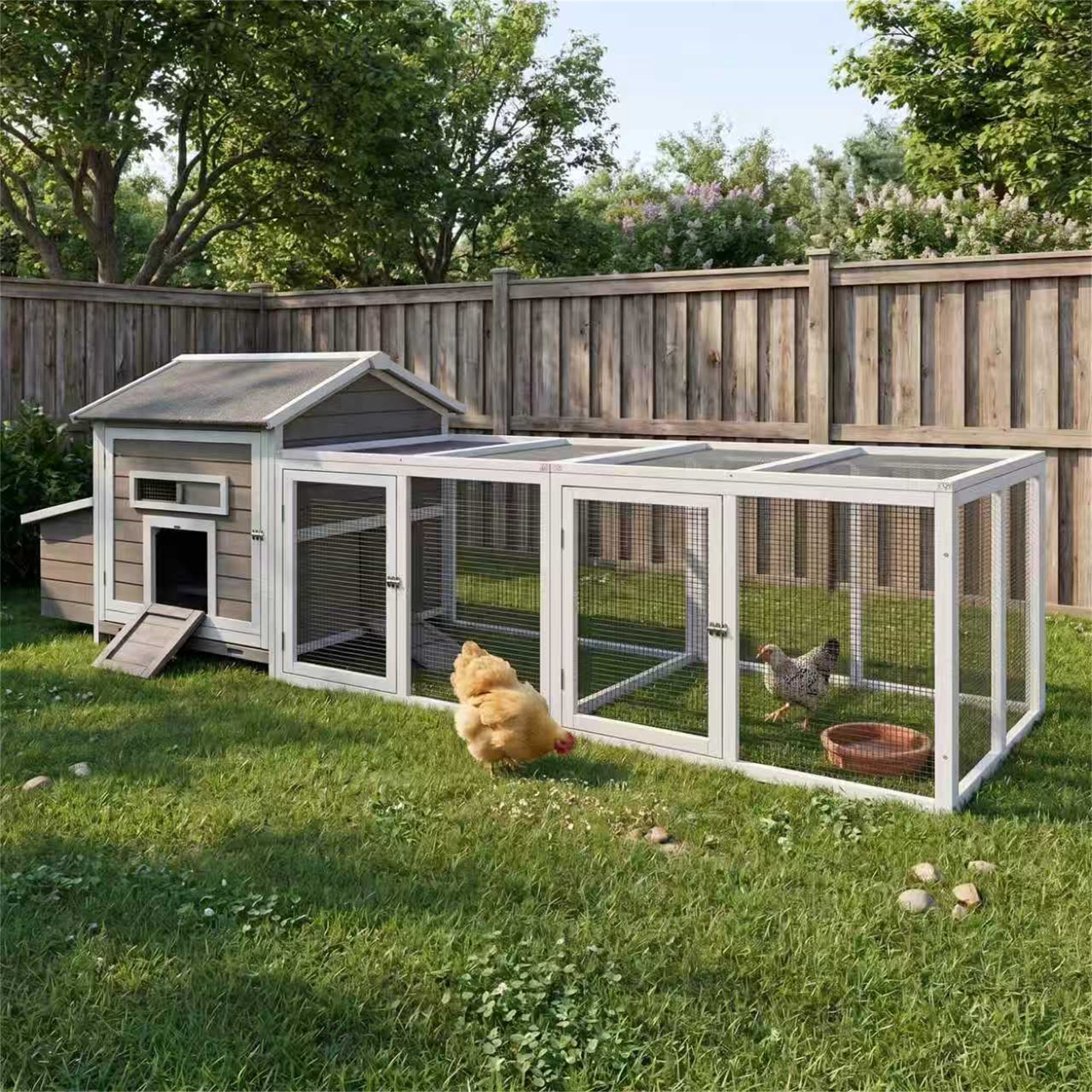 Aukfa 114" Large Chicken Coop Wood Chicken Run Cage w/ Nest Box and Pull-on Tray for Outdoor, Backyard, Gray